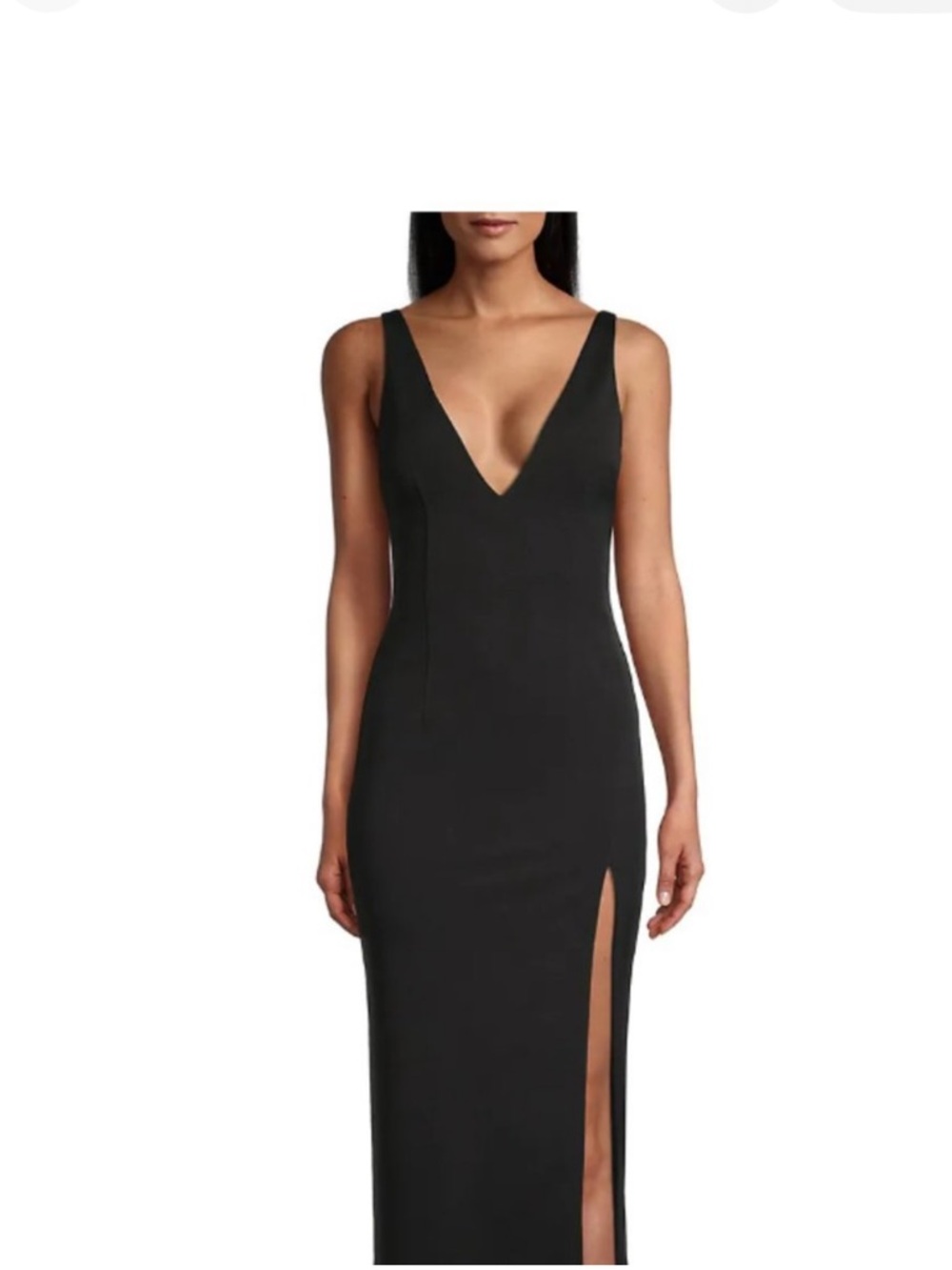 Katie May Caliente Black Satin V-Neck Midi Dress W/ Side Slit